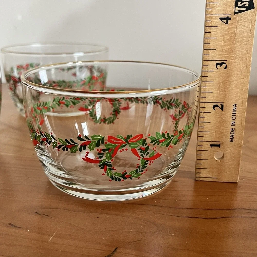 Libbey Clear Glass Christmas Holly Wreath Gold Rimmed Bowl Vintage Set Of‎ 3